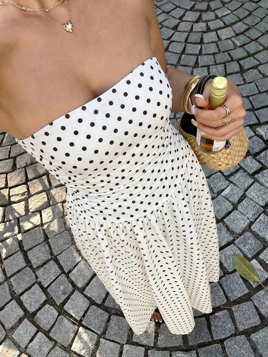 GalTyme Plus Size Polka Dot Print Strapless Casual Dress For Women - White - View 1