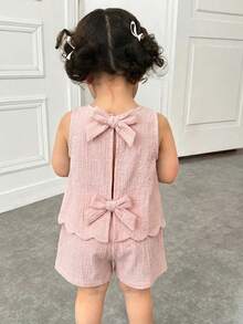 Set de 2 piezas de ropa casual, con decoración de moño lindo en la espalda, adecuado para primavera, verano y otoño - Multicolor - Ver 1
