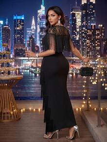 Auveirra 女款對比蕾絲圓領多層流蘇咆哮20年代流蘇洋裝 優雅黑色長版修身正式派對秋季流蘇套裝夏季 - 黑色 - 查看 2
