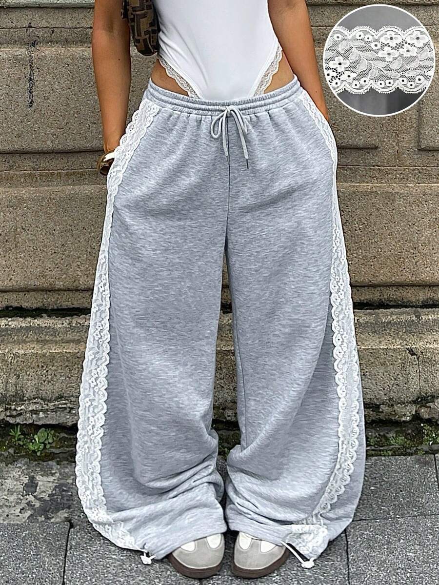 Coolane Celana Olahraga Musim Panas Kasual dengan Detail Renda Kontras dan Tali Serut di Pinggang, Longgar, dan Lembut - Grey - View 1