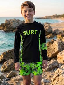 SHEIN Boys' Swimsuit,Tween Boys Rash Guard Set With Long Sleeve Shirt & Shorts,Funny Neon Green Tropical Print For Summer Vacation,Holiday Beach Surfing - Green - View 1