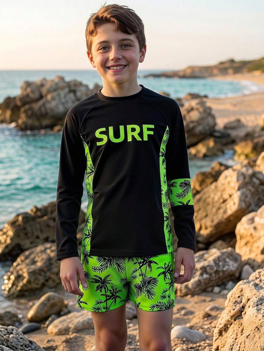 SHEIN Boys' Swimsuit,Tween Boys Rash Guard Set With Long Sleeve Shirt & Shorts,Funny Neon Green Tropical Print For Summer Vacation,Holiday Beach Surfing - Green - View 1