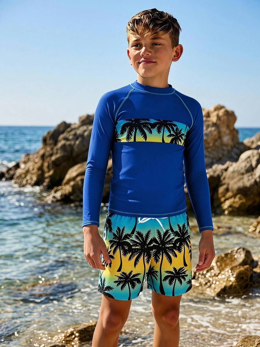 SHEIN Tween Boys 2 Pieces Swimwear Set,Blue Gradient Palm Tree Print Knit Fabric Rash Guard & Loose Drawstring Trunks,Funny Summer Beach Vacation Holiday - Blue - View 1