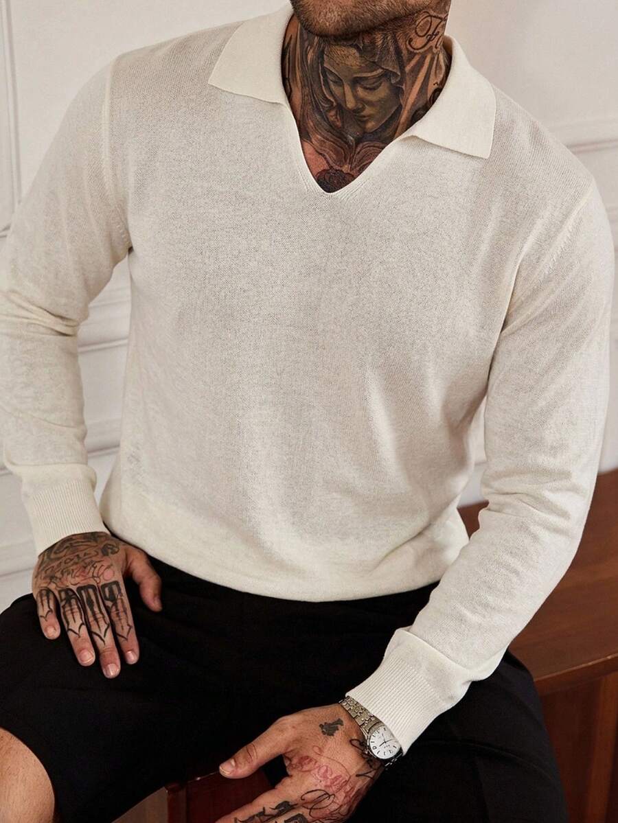 DAZY Short Sleeve Grey Collared Knit Top For Men - Beige - View 1