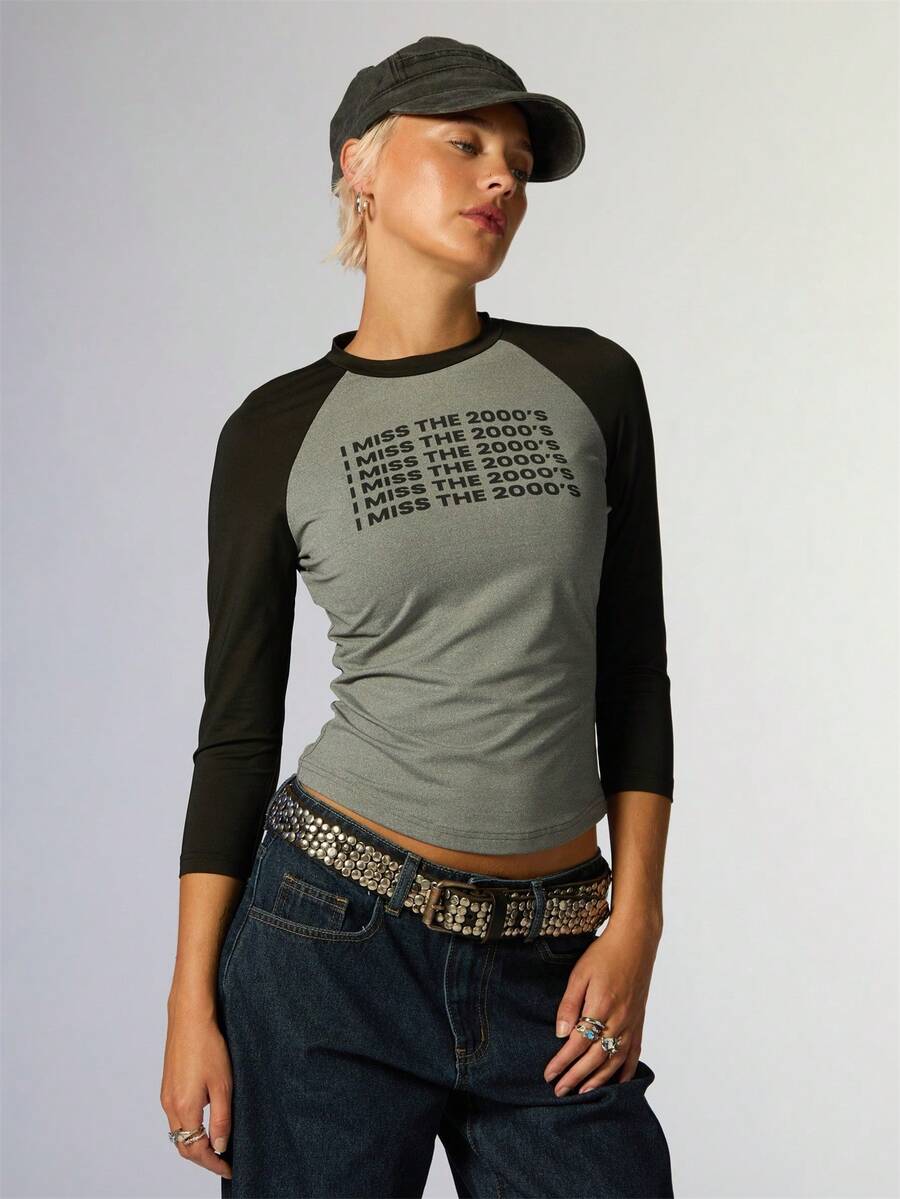 COUREZ Quarter Length Sleeve Raglan T-Shirt With Slogan Print / Y2K Graphic Tees Women Cute Tops Casual Going Out Top Long Sleeve Tops Winter Outfits Fall - Multicolor - View 1