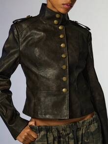 COUREZ High Neck Napoleon Military Drummer Jacket In Faux Leather/ Y2K Fall Outfits For Women Winter Coat Streetwear Going Out Tops For Women Night Outfits - Black - View 6