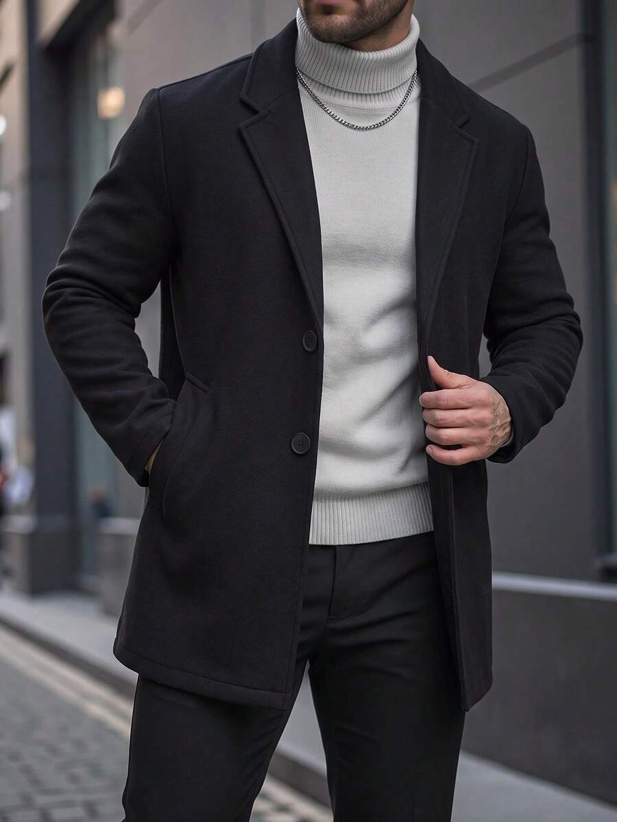 Manfinity CasualCool Abrigo largo casual de uso diario versátil de moda de un solo pecho de unicolor para hombre - Negro - Ver 1