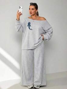 SHEIN CURVE+ 大尺碼女款休閒極簡不對稱肩印花圖案衛衣，舒適保暖，適合秋冬穿著 - 灰色 - 查看 3