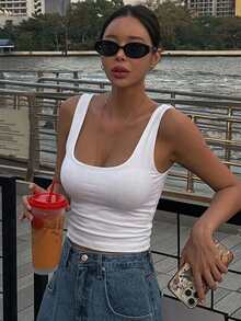 DAZY Women's Solid Color Square Neck Fitted Casual Versatile Tank Top - White - View 6