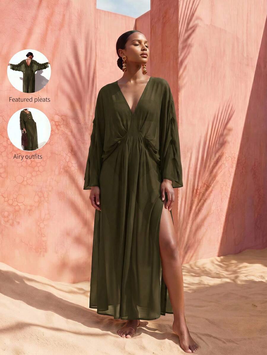 Zivah 女款度假海灘百褶側開衩和服式罩衫,適合音樂節與海灘穿著 - 軍綠色 - 查看 1