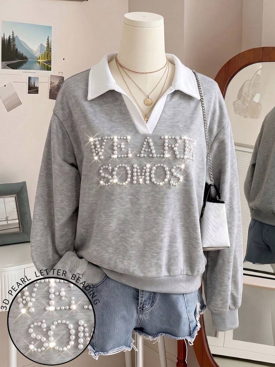 INAWLY Women's Casual Beaded Decor Sweatshirt, Autumn - Grey - View 1