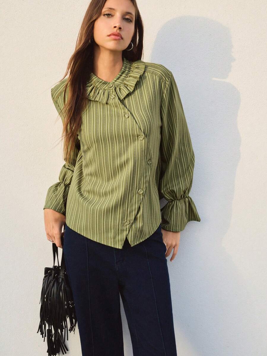 Nöista Green And Olive Striped Blouse With Ruffled Collar. Fall, Office Wear And Everyday Style. - Green - View 1