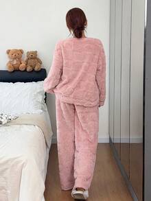 Napfluff Set Piyama Wanita Model Sweet Heart Jacquard Fleece Kerah Bulat Lengan Panjang dan Celana Panjang 2 Potong - Berwarna merah muda - View 2