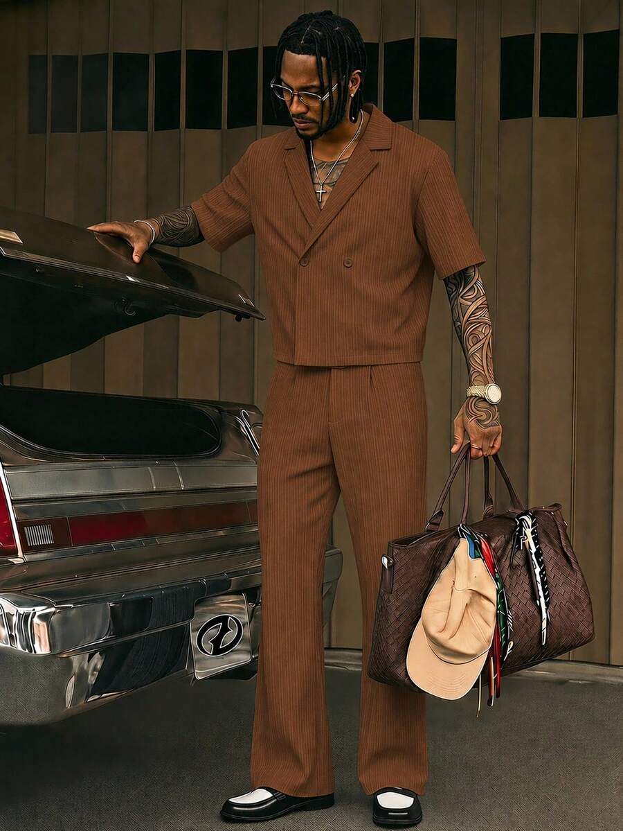 FeverCity Men's Casual Versatile Solid Color Shirt And Pants Set - Brown - View 1