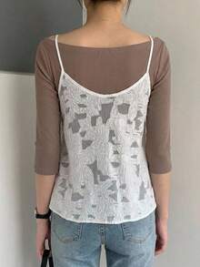 DAZY Women's Large Scoop Neck Fitted Short Sleeve Elegant T-Shirt Grey Spring Summer - Brown - View 5