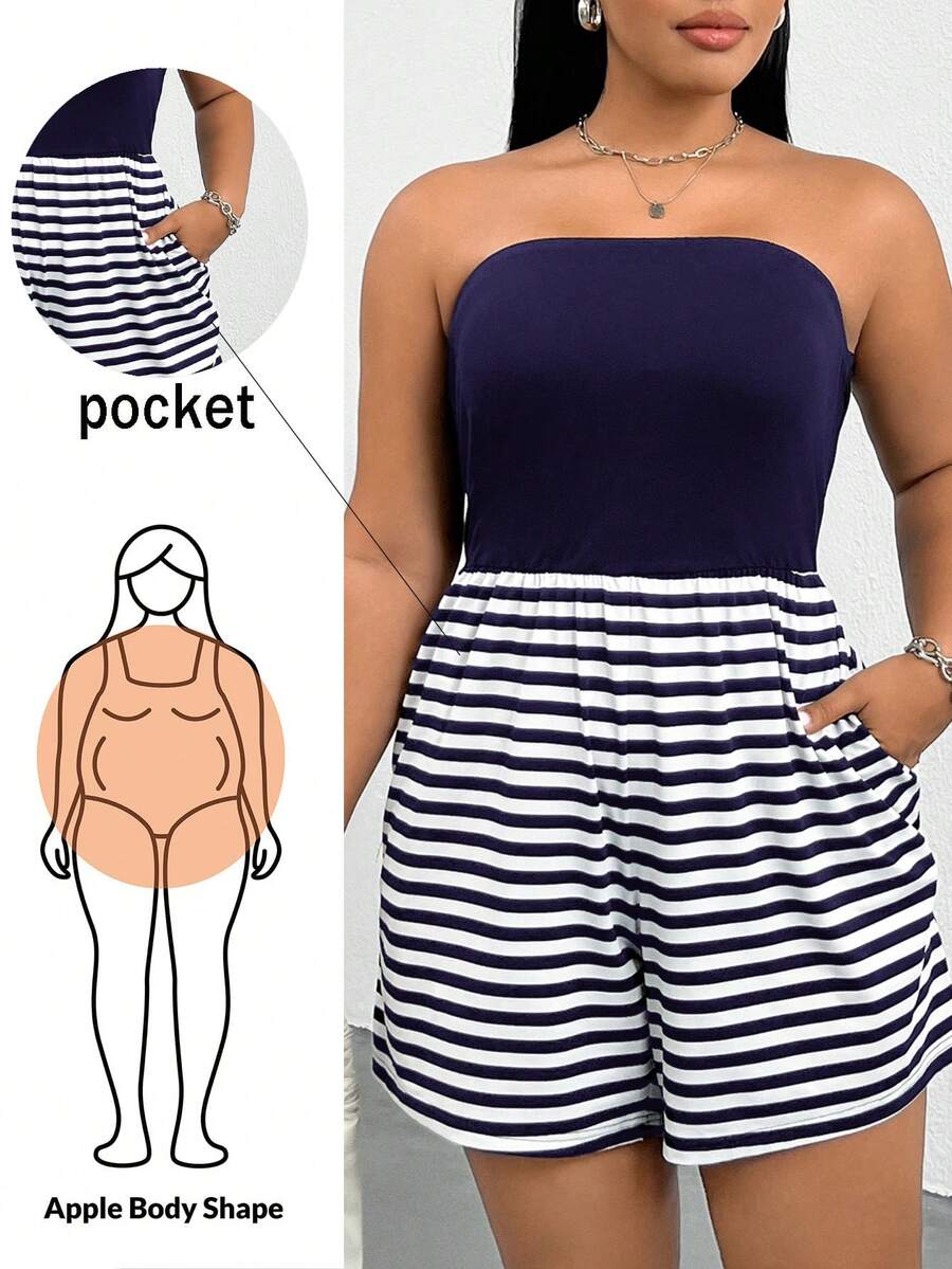 Shapeblank Plus Size Striped Patchwork Bandeau Romper - Navy Blue - View 1