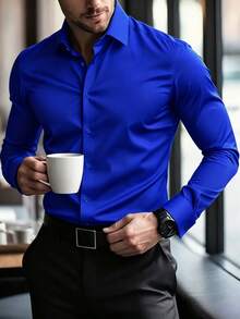 Manfinity Mode Men's Fashion Casual Long Sleeve Shirt Men's Stand-Up Collar Solid Color Button Long Sleeve Shirt, - Royal Blue - View 3