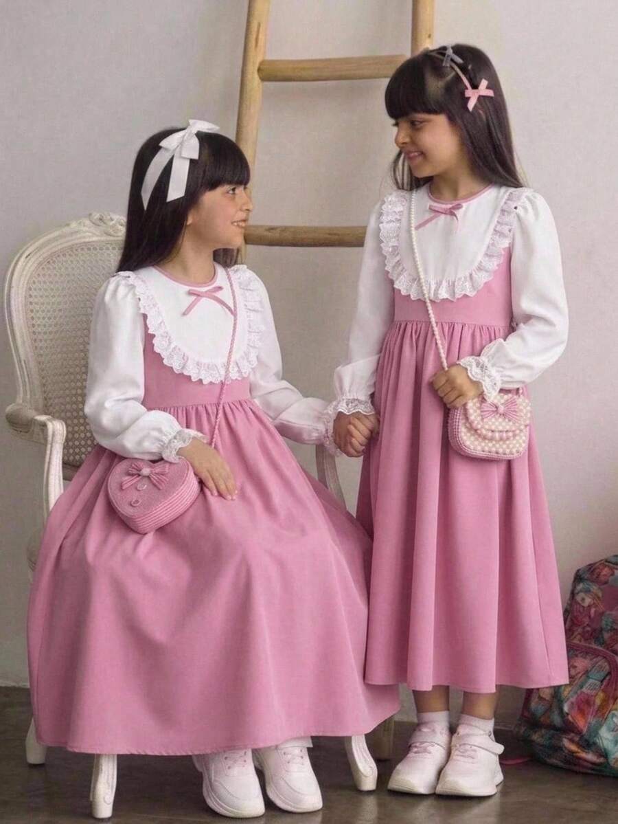 粉色與白色條紋青少年女孩長袖蕾絲拼接洋裝,秋季小學優雅可愛校服套裝,裝飾蝴蝶結、泡泡袖、後拉鍊,適合日常或上學穿著的長洋裝 - 粉色 - 查看 1