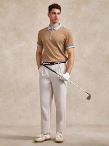 男士休閒紋理拉鍊半開襟短袖對比色 Polo 衫 - 卡其色 - 查看 2
