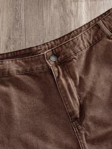 Manfinity Joysei Plus Size Men's American Style Multi-Pocket Flap Pocket Denim Shorts - Coffee Brown - View 3