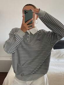 DAZY Women's Letter Embroidered Contrast Grey Polo Collar Loose Long Sleeve Casual Preppy Street Vacation Spring Autumn Sweatshirt School - Grey - View 7