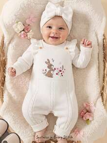 Cozy Pixies Baby Baby Girl Newborn Girls Knitted Romper, Long Pants, Embroidered Rabbit Floral Pattern - White - View 1