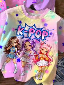 少女彩色酷炫漸層 K-Pop 超級巨星卡通女團印花圓領短袖基本款T恤，適合春夏，3件組 - 彩色 - 查看 7