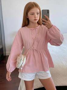 Hapijoa Tween Girls Round Neck Pullover Bow Decor Long Sleeve Autumn Waist-Cinching Blouse - Pink - View 1