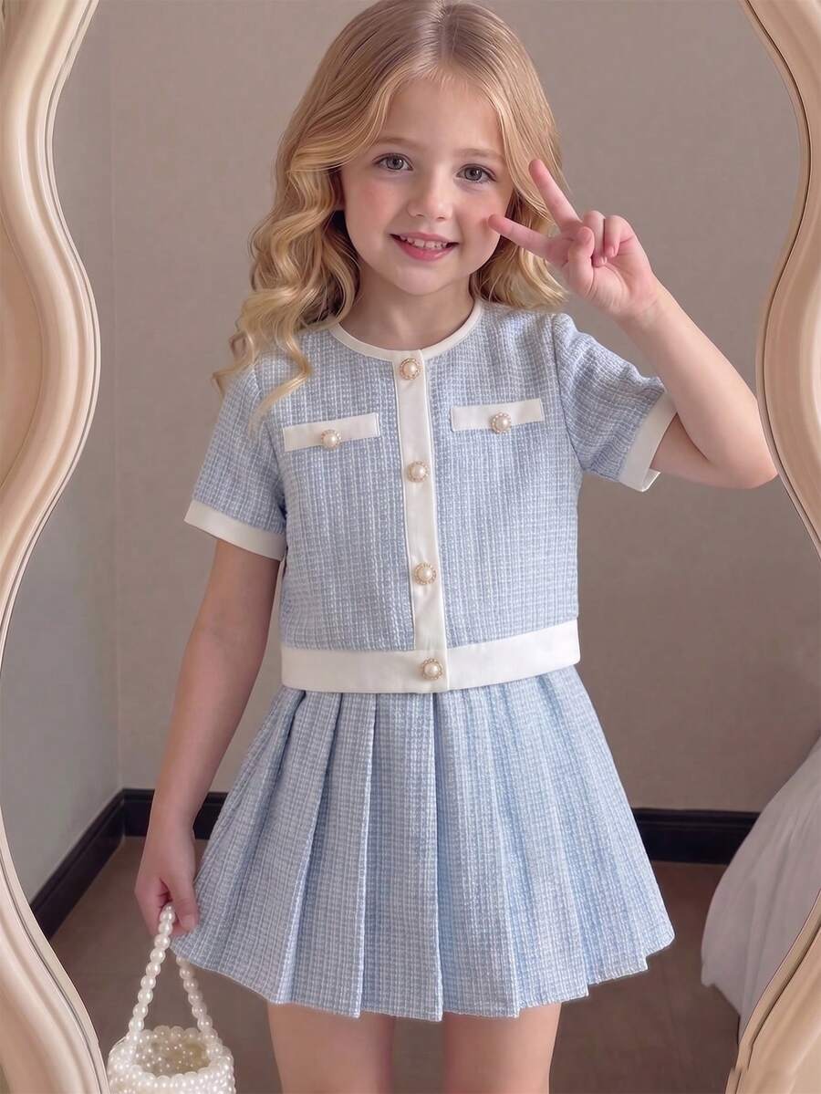 SHEIN Genkimix Kids 少女圆领单排扣短袖衬衫搭配百褶迷你裙套装,时尚百搭,适合派对和日常穿着 - 藍色 - 查看 1