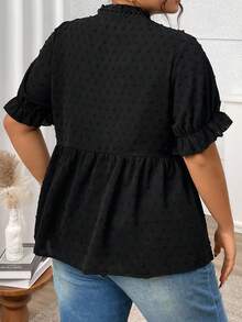 SHEIN CURVE+ 大码夏季休闲纯色荷叶边衬衫 - 黑色 - 查看 2