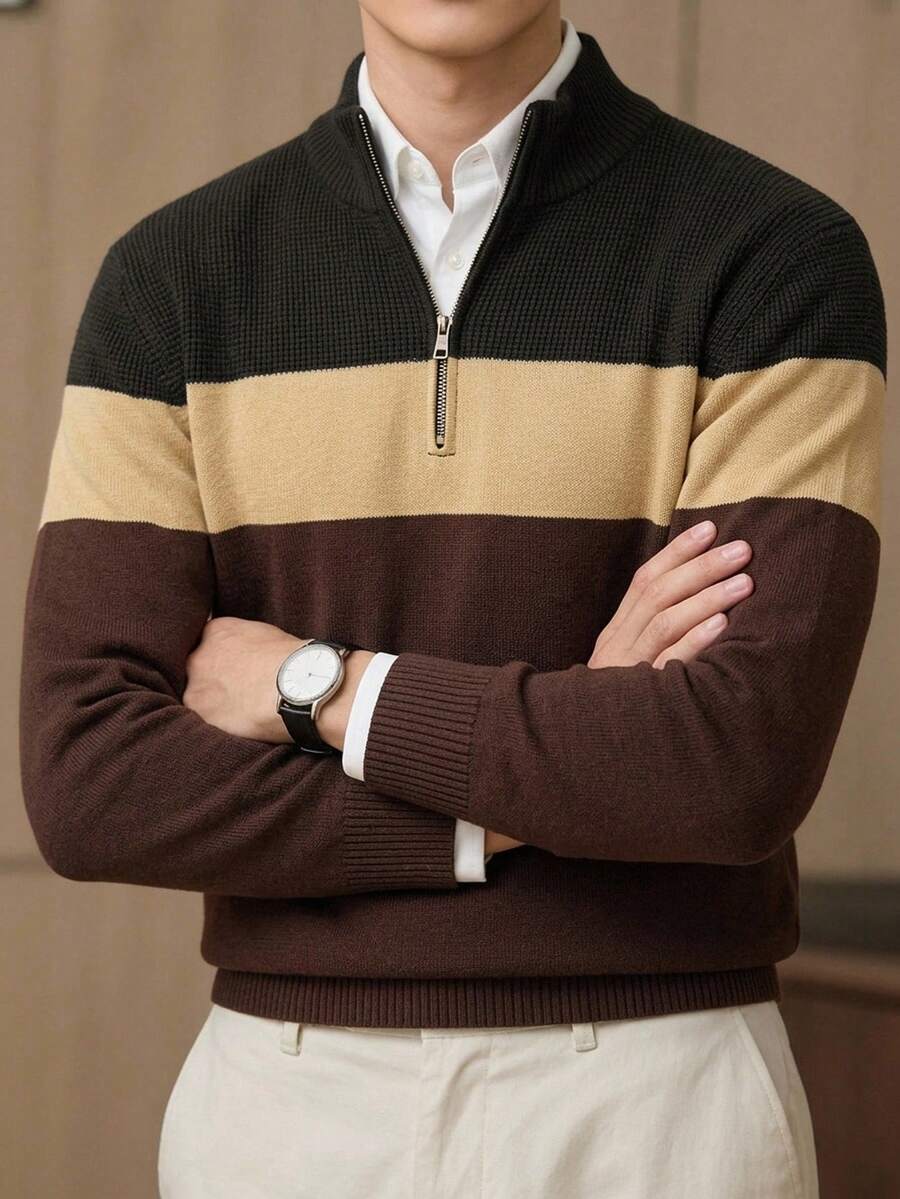 Manfinity CasualKnits 男士時尚百搭拉鍊半開襟條紋拼接配色針織衫 - 彩色 - 查看 1