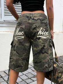Rivivi Celana Pendek Denim Kargo Jacquard Motif Kamuflase Jalanan untuk Wanita - Hijau Tentara - View 2