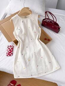 Comfortcana Women's Round Neck Floral Embroidered Pattern Casual Daily Summer Denim Dress Fall - Multicolor - View 5