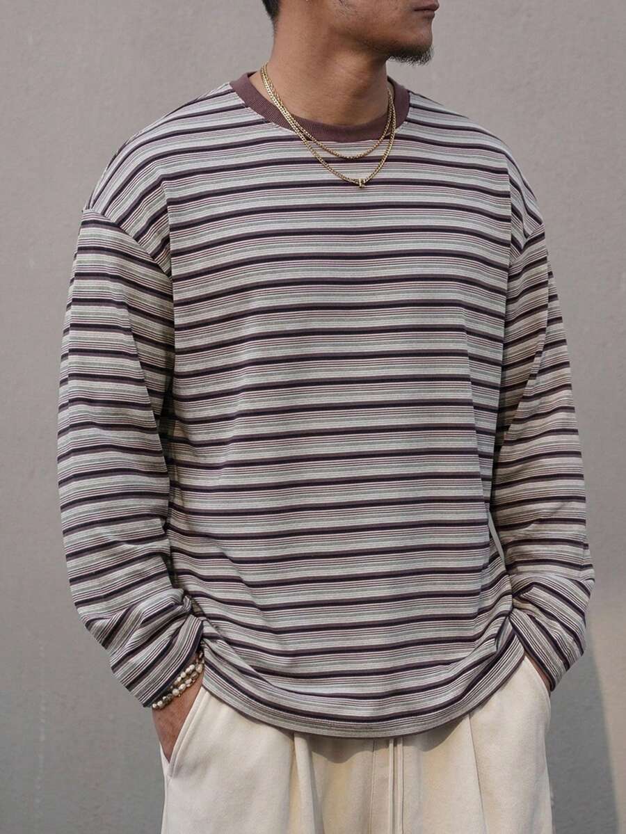 DAZY 男士條紋拼接休閒百搭日常長袖T恤 - 棕色 - 查看 1