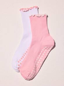 Aralina Pilates Princess Aesthetic: Retro Striped Ribbed Knit Socks With Cute Heart Non-Slip Grips, Leisurewear Active 2pk Contrast Lettice Ruffle Edge With Printed Non Slip Logo On Sole Yoga Pilates Gym Workout Two Pieces - Pink + white - View 6