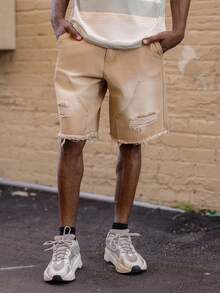 BelSigned BelSigned Men's Side Pocket Distressed Fringe Casual Denim Shorts Jorts Going Out Hang Out Urban Street Commute - Khaki - View 3