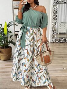 Weeklong Plus Size Women Floral Print Twist Waist Asymmetrical Shoulder Dress Elegant - Multicolor - View 4