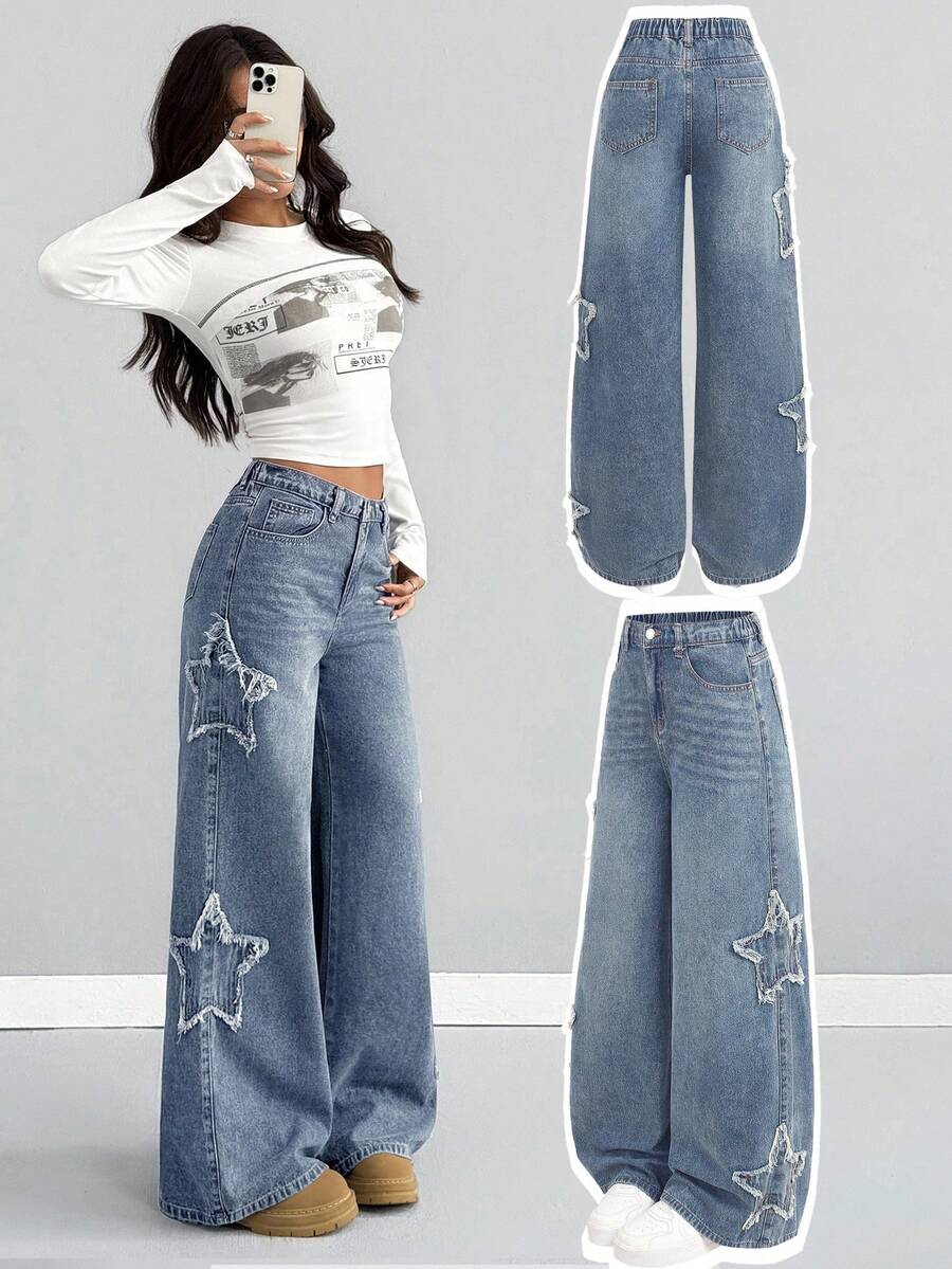 SHEIN Girlism 青少年女孩時尚休閒 Y2k 復古酷街頭返校大學流蘇星星貼布設計藍色牛仔寬版寬腿牛仔褲 柔軟日常穿搭 青少年女孩秋冬電音節慶與街頭風校園 - 淺色水洗藍 - 查看 1