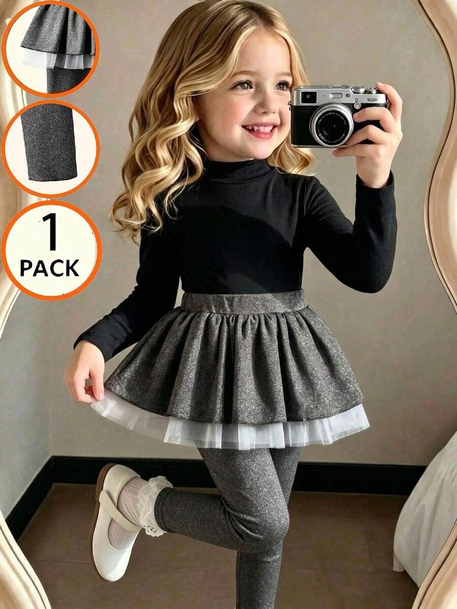 Elladie kids 1pc Girls Spring/Autumn 2026 New Solid Color 2 In 1 Mesh Cake Skirt Leggings, Soft Skin-Friendly Elastic Long Pants For Outings, Versatile - Grey - View 1