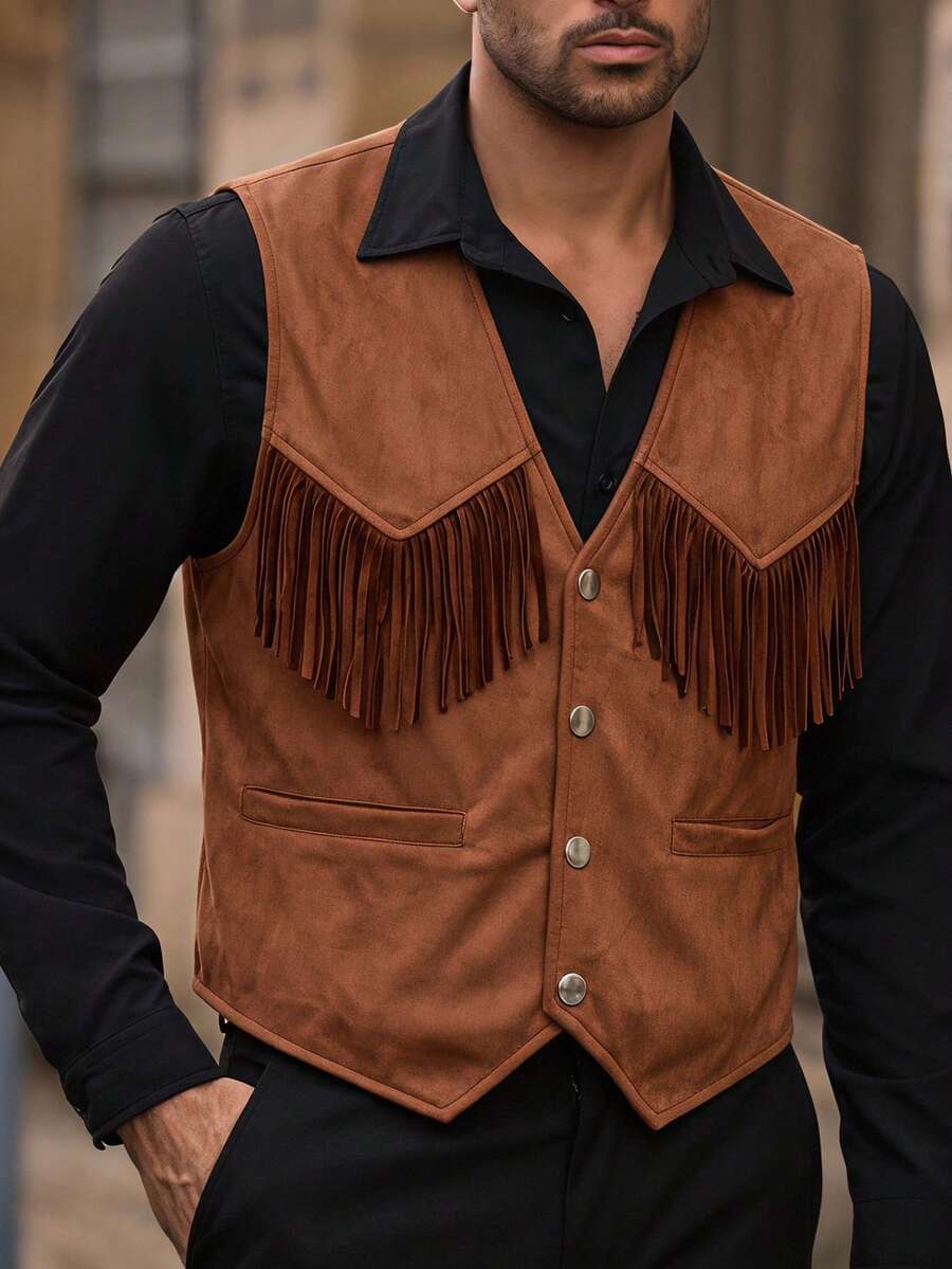 HIMLAND Men's Single-Breasted Vest Jacket With Tassel Design - Multicolor - View 1