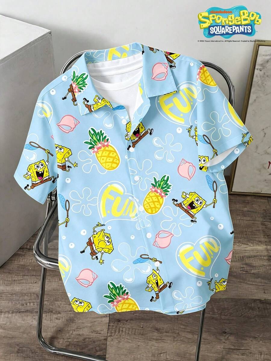 SpongeBob SquarePants | SHEIN Daypath 男士全印花單排扣休閒百搭日常通勤襯衫 - 藍色 - 查看 1