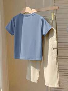SHEIN Young Boys 3D Dinosaur & Letter Embossed Pattern Crew Neck Short Sleeve T-Shirt With Cargo Pocket And Contrast Stitching, Grey Long Pants 2-Piece Set, Suitable For Spring, Summer, Autumn, Casual, Sports, Outings, Vacation, School, Party Occasions, Fashionable And Versatile - Blue - View 2