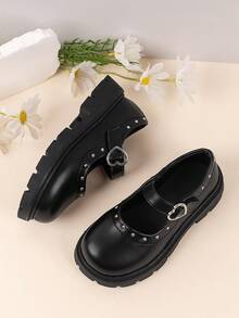 SHEIN Girls Love Buckle Rivet Loafers Round Head Flat Bottom Princess Style College Style Daily Four Seasons Cute Children's Shoes - Black - View 2