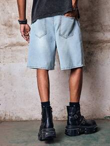 Skyrend Celana Pendek Denim Pria Manfinity Streetrush Washed Distressed Jorts Gaya Gothic Punk Streetwear untuk Emo Boy - Light Wash - View 2