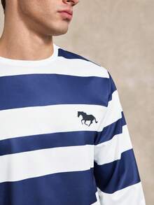 Men's Simple Blue And White Striped Pattern Pullover Sweatshirt, Suitable For Autumn/Winter Striped Long Sleeve - White - View 6