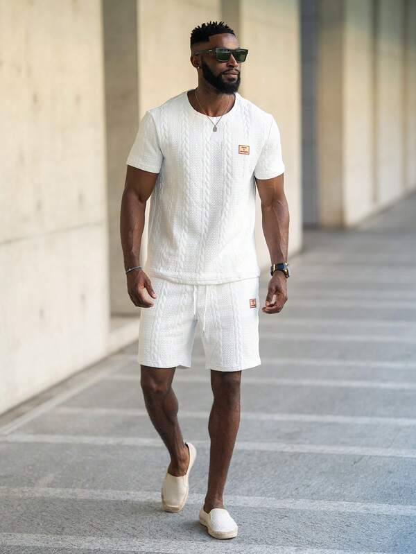 thenoahjr thenoahjr Men's Basic Plain Knitted Casual Patched Short Sleeve Two-Piece Set Summer Outfit, Streetwear Edition