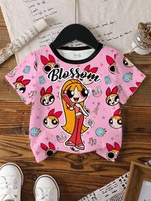 THE POWERPUFF GIRLS X SHEIN 青少年女孩字母卡通印花圓領短袖休閒T恤 - 白色 - 查看 8
