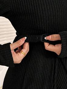 SHEIN 孕婦純色長袖上衣與可調腰長褲休閒日常兩件套 - 黑色 - 查看 6