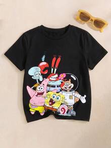 SpongeBob SquarePants | SHEIN 青少年男孩休闲户外卡通图案宽松圆领短袖黑色 T 恤，夏季 - 黑色 - 查看 1