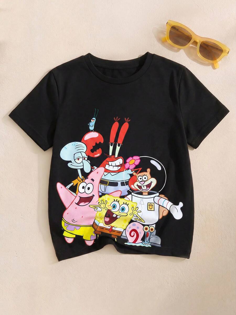 SpongeBob SquarePants | SHEIN 青少年男孩休闲户外卡通图案宽松圆领短袖黑色 T 恤,夏季 - 黑色 - 查看 1